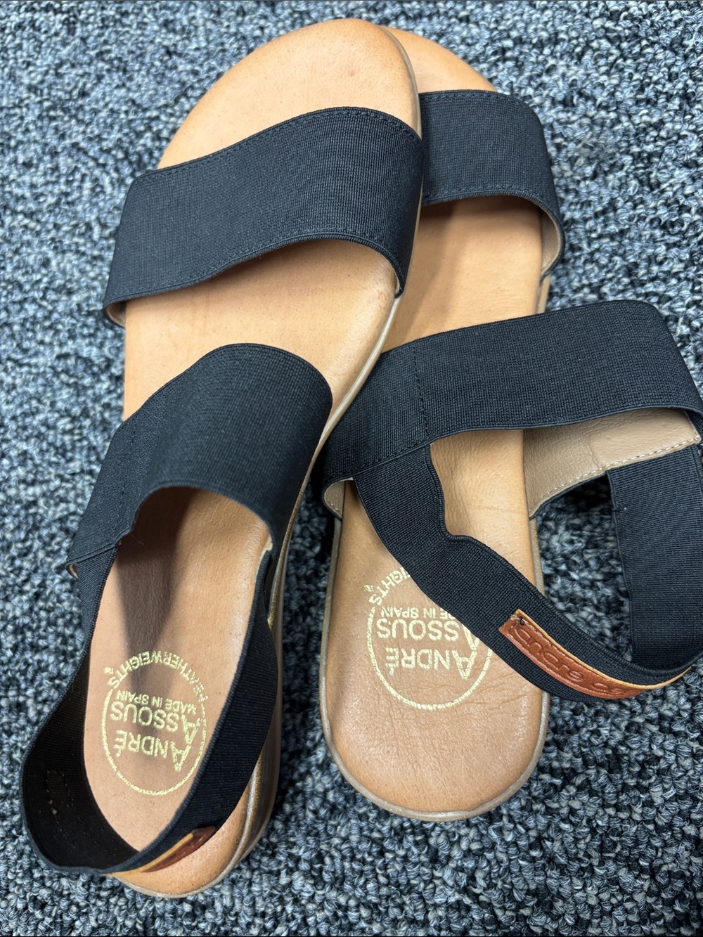 Andre Assous Black Elastic Two-Band Slide Sandals with Tan Footbed